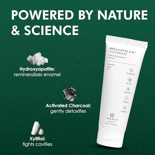 Terra & Co. Brilliant Black Hydroxyapatite Toothpaste for Whitening Teeth – USA-Made - Natural Remineralizing Toothpaste, Fluoride-Free, Vegan, SLS-Free, Low Abrasion – Mint, 3.4 oz