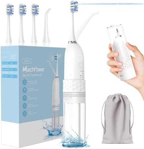 Marchpower Innovative 2-in-1 Electric Toothbrush with Water Flosser – Ultrasonic Cleaning, Compact Travel Design, 3+3 Modes, IPX7 Waterproof, USB-C Rechargeable, with 3 Dupont Brush Heads & 1 Jet Tip
