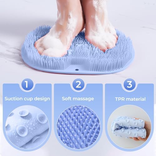 Shower Foot Scrubber Mat with Non-Slip Suction Cups, Foot and Back Cleaning Pad, Silicone Exfoliating Pad, Anti-Slip Bathroom Shower Foot Pad with Suction Cups and Drainage Holes (Blue)