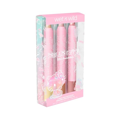 wet n wild Hello Kitty 3-Piece Multi Stick Set, Multi-Functional Versatile Shades, Shimmery Rich Pigmented Cream to Powder Glittery Formula, Cruelty-Free & Vegan