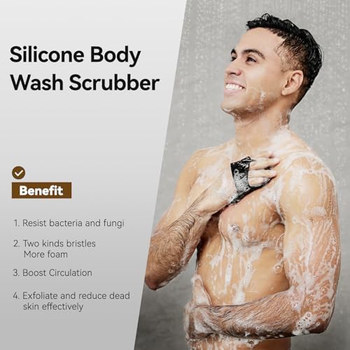 Zinc Infused Silicone Body Scrubber for Men, New Upgrade Deep Exfoliating Body Scrubber for Shower, Silicone Loofah Men for Sensitive Skin with Lathering Bristles and Ergonomic Non-Slip Handle (Black)