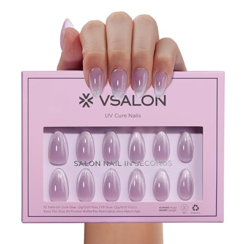 VSALON Press On Nails Short Almond, 32 Pcs 16 Sizes Purple Cat Eye Press On Nails French Tip Acrylic Fake Nails With UV Glue Reusable Stick On Nails Semi-transparent False Nails Summer Gifts For Women
