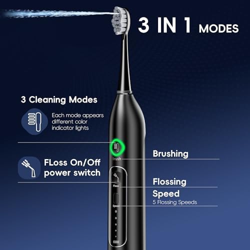 Electric Toothbrush with Water Flosser Combo, 3 Sonic Cleaning Modes, 5 Flossing Speeds, 4 Brush Heads, Portable Flossing Toothbrush for Adults Teeth Cleaning for Plaque Removal
