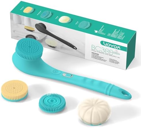 VOYOR Electric Body Brush Back Scrubber Silicone Body Scrubber Two-Way Rotating Brush Head for Deep Cleaning, Exfoliation, 4 Attachments Long Handle IPX6 Rechargeable Shower Brush BC300 (Blue)