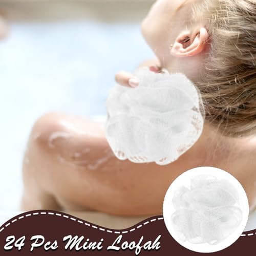 Shellwei 24 Pcs 3 Inch Mini Loofah Travel Size Bulk Shower Sponge Pouf Mesh for Women Kids Men Exfoliating Body Scrubber Baby Shower Favor(White)