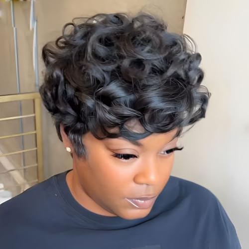 MOONSHOW Short Pixie Wigs for Black Women Short Black Curly Pixie Wig Synthetic Short Hair Wigs for Black Women Natural Wavy Black Pixie Cut Wig (Natural Black)