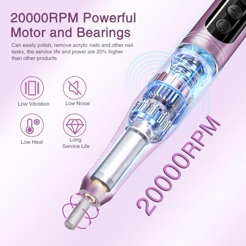 Electric Cordless Nail Drill File: LED Display Professional Portable Nail Drill for Acrylic Gel Dip Powder Nails Manicure Pedicure Kit Tool with Nail Drill Bits Sanding Bands, Purple