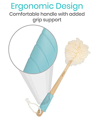 Vive 17” Shower Loofah with Long Handle - Exfoliating Back & Body Scrubber for Men & Women - Luffa Sponge on a Stick for Bathing, Cleaning - Includes Extra Handheld Lufa, Hook & String to Hang on Wall
