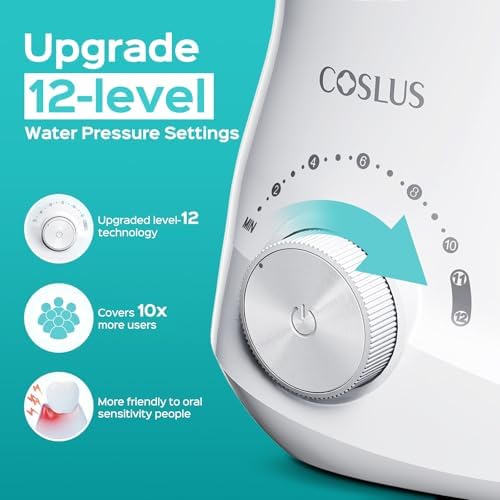 COSLUS Professional Water Flosser for Teeth: 12 Pressure Settings Electric Dental Pick for Tooth Cleaning, Sensitive Gums, Braces, Oral Care - Home Use, 4 Jet Tips for Multiple Users, Family, White