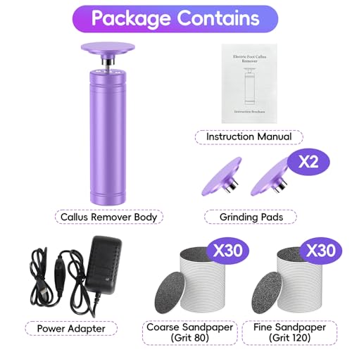 Electric Foot Callus Remover, 4.7” Callus Remover for Feet with 60Pcs Sandpaper Discs, Foot Scrubber, Professional Stepless Speed Control Pedicure Tools for Dead Skin Calluses, Purple