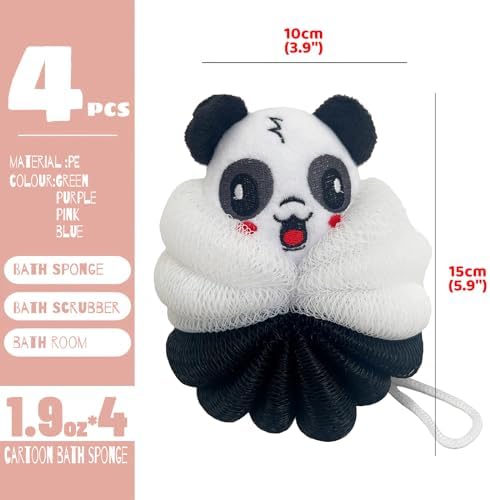 MURRI&MURRDI 4 Pcs Bath Poufs for Kids, Lovely Animal Body Scrubbers for Toddler, Exfoliating Child Bath Loofahs 55g (4 Cartoon)