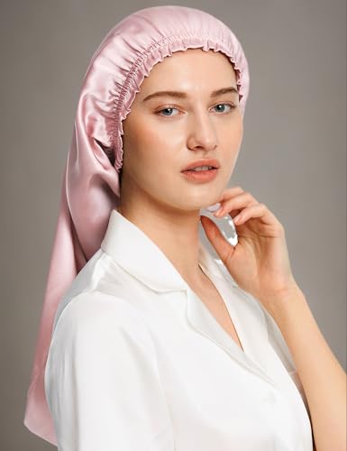 LilySilk Extra Long Silk Bonnet Sleep Cap for Women Soft Adjustable Hair Bonnet for Braids,Curly,Long Hair- Soft Elastic Band, Rosy Pink