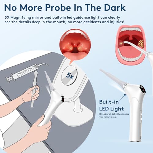 Tonsil Stone Remover Kit - Electronic Tonsil Stone Vacuum with Built-in LED Light - Tonsil Stone Removal Kit with 3 Levels Suction - Instant Suction - Irrigator and 5X Magnifying Mirror (White)