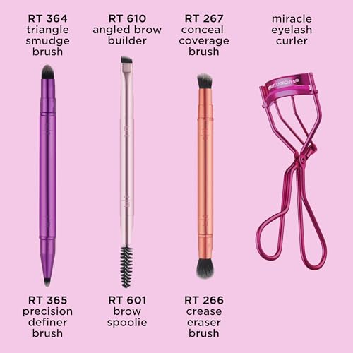 Real Techniques Double Time Brush + Lash 4 Piece Set, Dual-Ended Eye Makeup Brushes For Eyeshadow & Brows, Travel-Friendly Brush Caps For Storage, Eyelash Curler Included, Cruelty-Free