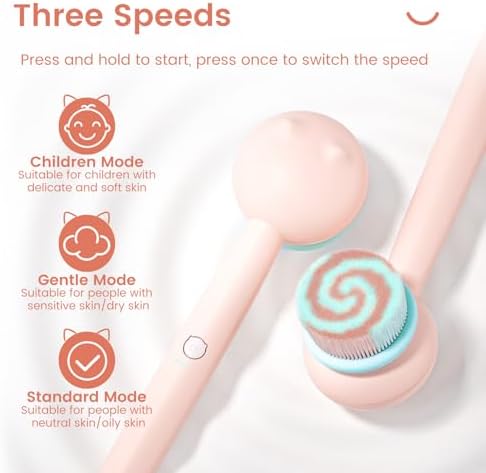 Electric Back Scrubber for Shower Body Brush, Waterproof Automatic Body Scrubber for Cleansing, Massaging and Exfoliating, Spinning Bath Brush with 2 Heads & 3 Speed Modes, Berry Pink
