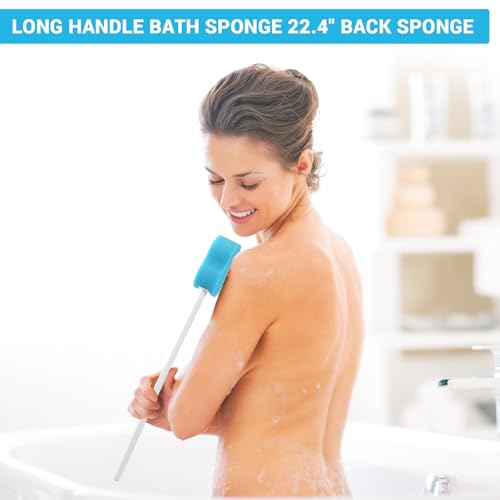 Norme 3 Pcs 22.4 Inch Long Handle Back Bath Sponge Lightweight Sponge on a Stick Body Cleaning Handled Washer Scrubber for Foot Body Limited Range of Motion, Blue