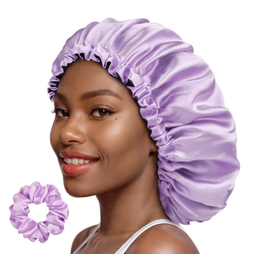 PARISBELLA Reversible Silk Satin Bonnet For Sleeping, Adjustable Sleep Cap for Curly Hair, Chic Hair Wrap With Scrunchy, Lavender, Large, Pack of 1