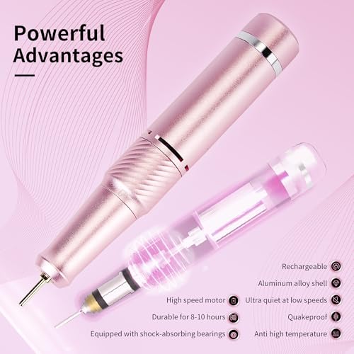 Professional Electric Nail Drill File,Cordless Portable Nail Drill 45000 RPM, Rechargeable Nail File Machine for Acrylic Nails Gel Polishing,Nail Kit for Manicure Salon Home（Pink）