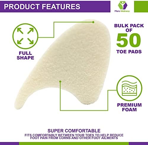 Mars Wellness Full Foam Toe Separators - Toe Spacers for Corn, Blisters Relief - 1/4 Inch - Bulk Pack of 50 Pads