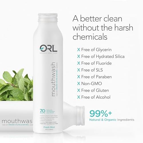 ORL Natural & Organic Alcohol-Free Mouthwash Uniquely Formulated to Clean Your Mouth, Whiten Your Teeth, Strengthen Tooth Enamel with 7.0 pH Balance. Eco-Friendly Aluminum Bottle. 16.9 oz.