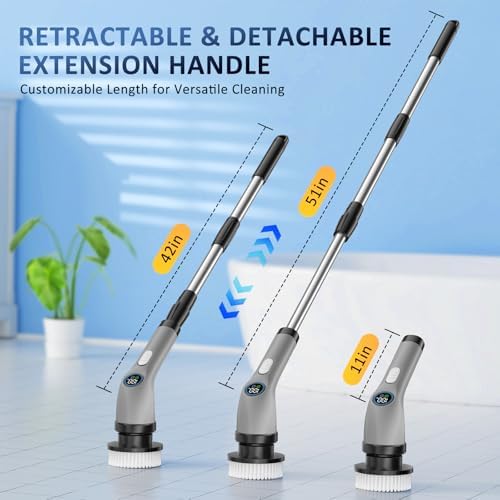 Electric Spin Scrubber, Full-Body IPX7 Waterproof Cordless Power Cleaning Brush with Adjustable Extension Handle, 2-Speed Shower Scrubber with 7 Replaceable Brush Heads for Bathroom, Kitchen, Grey