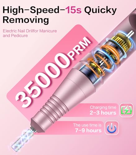 Professional Electric Cordless Nail Drill File with 11 Nail Drill Bits, 35000RPM DIY Glitter e Filer for Nails Kit Machine for Acrylic Nails Gel Polishing for Manicure Salon Home
