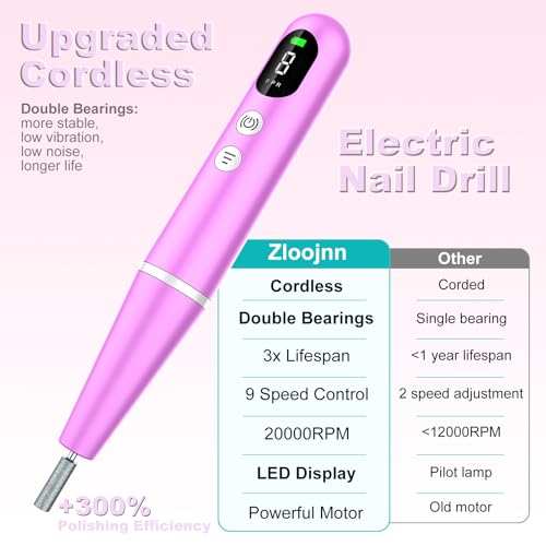 Electric Nail Drill File with LED Display - 9 Speed Cordless Electric Nail File Portable Nail Drill Machine for Acrylic Gel Nails,Rechargeable Hand Feet Trimmer Buffer Tool for Women Men Baby