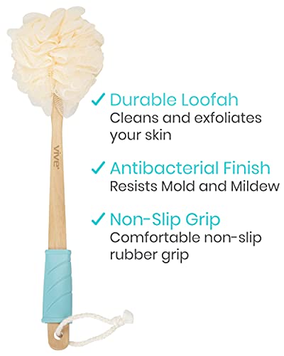 Vive 17” Shower Loofah with Long Handle - Exfoliating Back & Body Scrubber for Men & Women - Luffa Sponge on a Stick for Bathing, Cleaning - Includes Extra Handheld Lufa, Hook & String to Hang on Wall