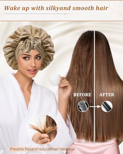 Satin Bonnet for Sleeping Women Silk Sleep Bonnet for Curly Hair Wrap with Elastic Tie Band Night Cap Coffee