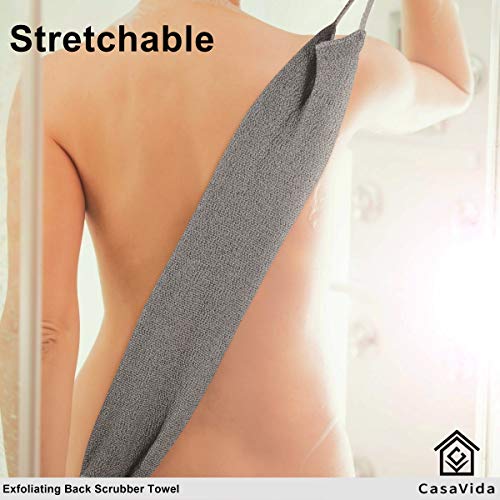 CASAVIDA Back Scrubber for Shower Nylon Bath Towel Washer Exfoliating Washcloth Rear Japanese Stretchable Strap Wash Cloth Body Exfoliation 2 Pack (Blue + Charcoal Gray)