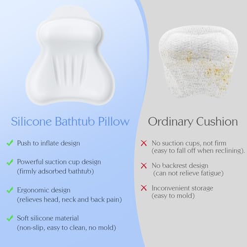 Silicone Bath Pillow, New Material Bath Pillows for Tub Head Neck and Back Support, Bath Tub Pillow with 4D Press Inflatable Airbag and Non-Slip Strong Suction Cups, Quick-Drying, Easy to Store, White