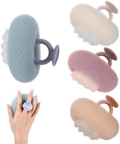 Super Soft Sunflower Suction Cup Bath Ball, 2 in 1 Exfoliating Bath Sponge, Loofah with Suction Cup, Body Sponges for Shower, Bathing Sponges for Women (Purple + Pink + Blue + Beige)