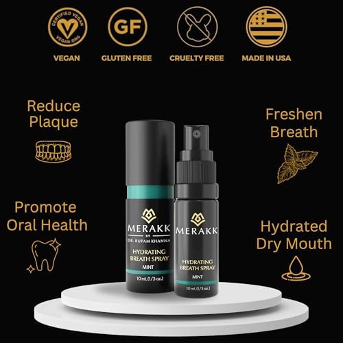 Merakk Dry Mouth Spray Hydrating Fresh Breath Spray (Mint) - Sugar-Free Breath Freshener | Bad Breath Spray W/Xylitol, Stevioside, Menthol - Dentist-Designed- 0.3 fl oz