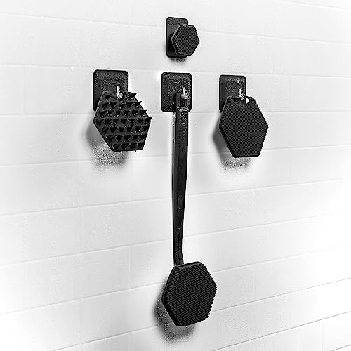 TOOLETRIES The Scrub King - Men's Silicone Body and Face Scrubber Set - Back Scrubber for Shower, Body Scrubbers, Storage Hooks, & Face Brush Holder - Shower Accessories for Men - Charcoal