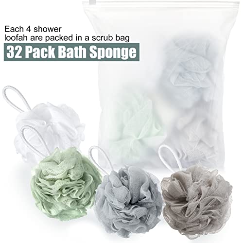 Shellwei 32 Pcs Bath Sponge Shower Loofahs Bulk 60 g Charcoal Large Mesh Puff Soft Scrubber for Men and Women Exfoliating Shower Pouf Balls with Bathing Accessories