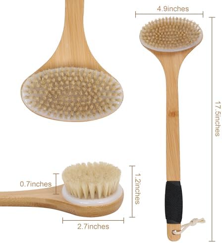 OWIIZI Back Scrub Brush for Shower,Stiff Boar Bristles Bamboo Curved Long Handle Antiskid Body Bath Brush for Back Use Wet or Dry,Deep Cleanse Large Surface Back Scrubber
