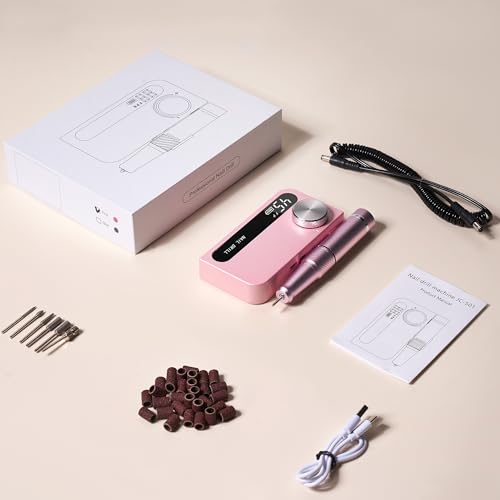 Professional Electric Nail Drill File,Cordless Portable Nail Drill 45000 RPM, Rechargeable Nail File Machine for Acrylic Nails Gel Polishing,Nail Kit for Manicure Salon Home（Pink）