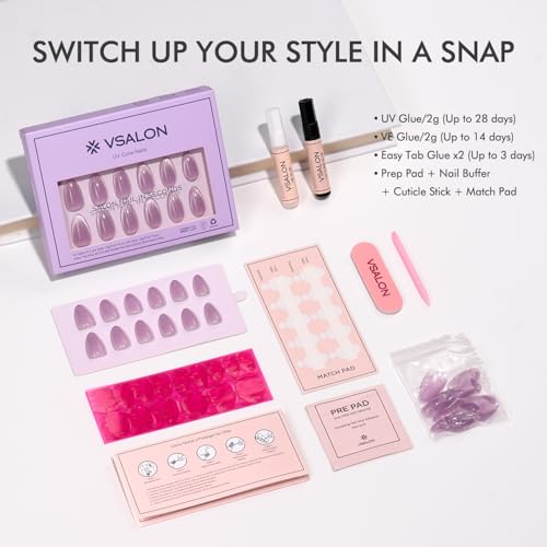 VSALON Press On Nails Short Almond, 32 Pcs 16 Sizes Purple Cat Eye Press On Nails French Tip Acrylic Fake Nails With UV Glue Reusable Stick On Nails Semi-transparent False Nails Summer Gifts For Women