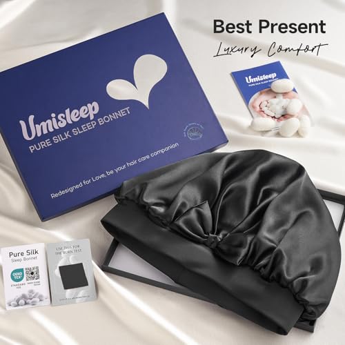 Umisleep Double-Sided 100% 22 Momme Mulberry Silk Bonnet for Sleeping Women, Large Silk Hair Wrap for Long Curly Hair, Non-Slip Sleep Cap with Adjustable Band, Black