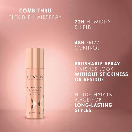 Nexxus Travel Hairspray and Mousse Bundle – Comb Thru Flexible Hold Hairspray (1.5 Oz) 2-Pack + Volume Medium Hold Mousse (2 Oz) 2-Pack, Anti-Humidity, Frizz Control, Rose Fragrance