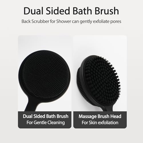 Silicone Back Scrubber for Shower - Adjustable Extendable (40-60 cm / 15.7"-23.6") Long Handle Body Brush with Foam-Generating Dual-Sided Heads for Men & Relaxing Massage Exfoliation