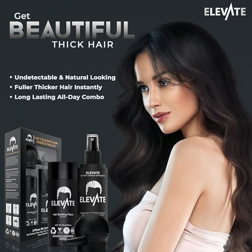 ELEVATE Hair Perfecting 3-in-1 Kit Set Includes Natural Hair Thickening Fibers & Spray Applicator Pump Nozzle & Locking Setting Hold Spray | Instantly Conceal Balding and Thinning Areas (Black)
