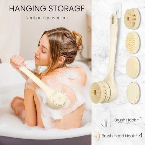 Electric Body Brush Back Scrubber for Shower, Auto Spinning Exfoliating Massage Bath Brush Rechargeable, Dual Long Handle, Deep Cleansing, Waterproof, Rotating Body Brushes with 5 Brush Heads