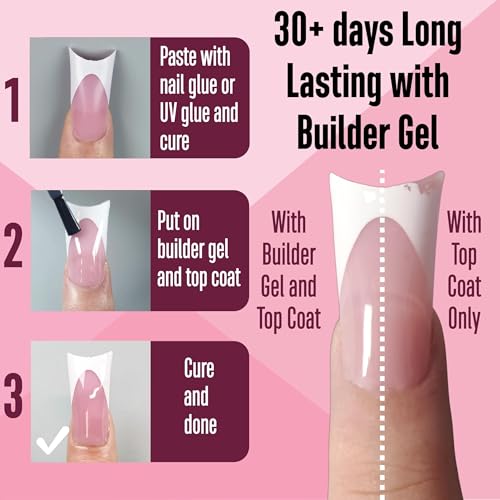 White French Tip Duck Feet Nail Tips BERRY PINK Full Cover Press on Acrylic with Moon Curve, Thick Medim Long Pre-Etched Matte Flare Wide Soft Gel Fake False Nail Extension x 15 Sizes 150 pcs