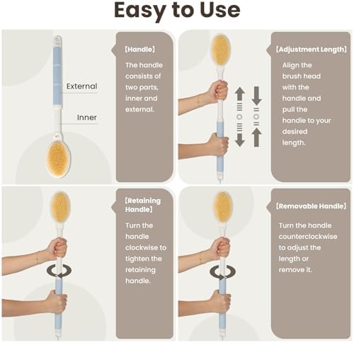 New Upgrade Back Scrubber for Shower, Adjustable 15.7'' to 24'' Long Handle Shower Brush for Body Yintuzi Double Sided Back Shower Scrubber Exfoliation and Massage Suitable for Wet or Dry Brushing