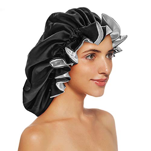 Silk Bonnets for Women,Double Layer Extra Large Satin Sleeping Cap with Elastic,Satin Bonnet for Curly Hair,Satin Cap for Natural Hair, Women Girl(Black)