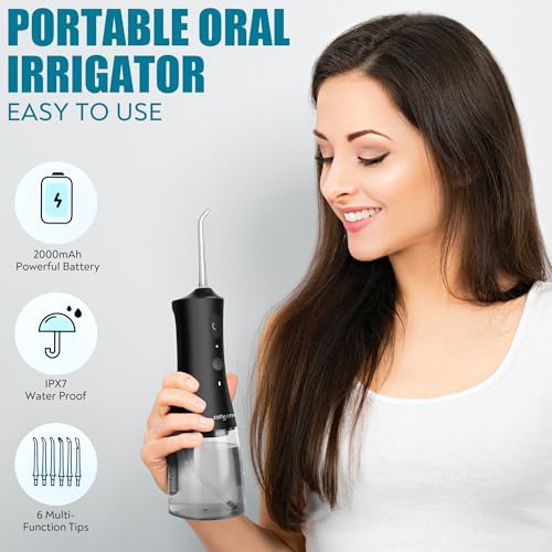 Cordless Water Dental Flosser for Teeth, 300ml Rechargeable Oral Irrigator Cleaning, 4 Modes & 6 Jet Tips, IPX7 Waterproof, Portable Dental Flosser for Braces & Travel, Black
