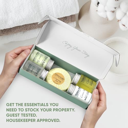 Terra Pure Green Tea Amenity & Accessory Kit | 1 oz Travel Size Shampoo, Conditioner, Lotion, Body Wash, 2 Soap Bars, Shave & Dental Sets, Make-Up Remover Wipes, & Vanity Kit | 60 sets per case