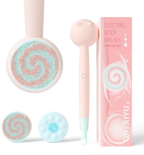 Electric Back Scrubber for Shower Body Brush, Waterproof Automatic Body Scrubber for Cleansing, Massaging and Exfoliating, Spinning Bath Brush with 2 Heads & 3 Speed Modes, Berry Pink