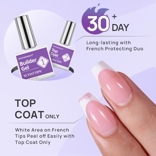 BTArtbox XCOATTIPS Builder Gel and Top Coat Set - 20g Solid Gel Glue with Portable Nail Lamp, No More French Tips Chipping, Long Lasting 30+Days French Protection Duo Nail Extension Tool